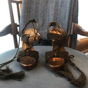 Bakers Green Crochet Lace Wrap Heels With Tassels